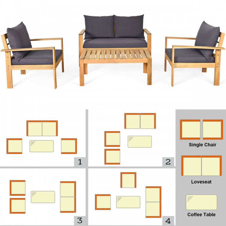 4-piece outdoor acacia wood chat set with removable cushions, perfect for patio or garden lounging.