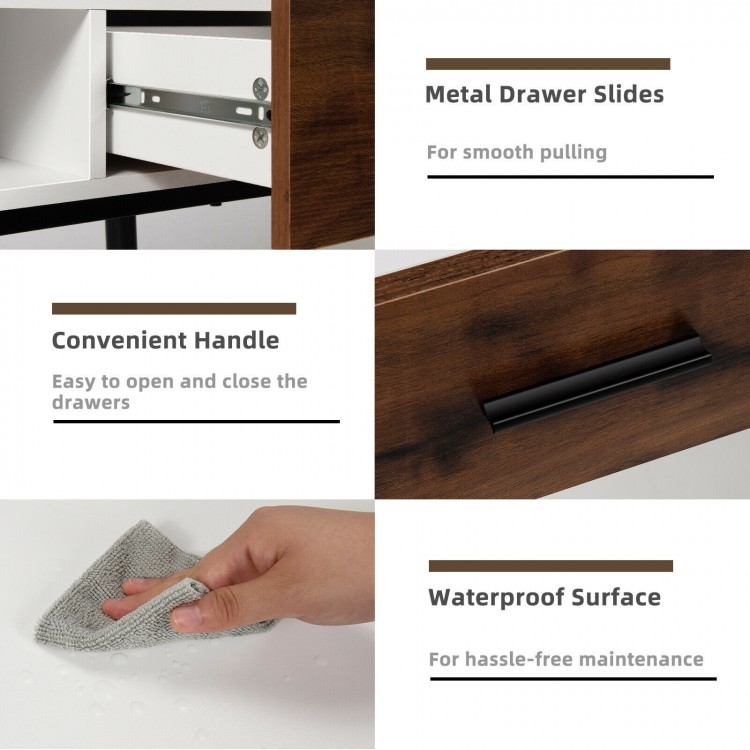 Close-up of the 42-inch industrial console table's waterproof surface and convenient handle for easy drawer access.