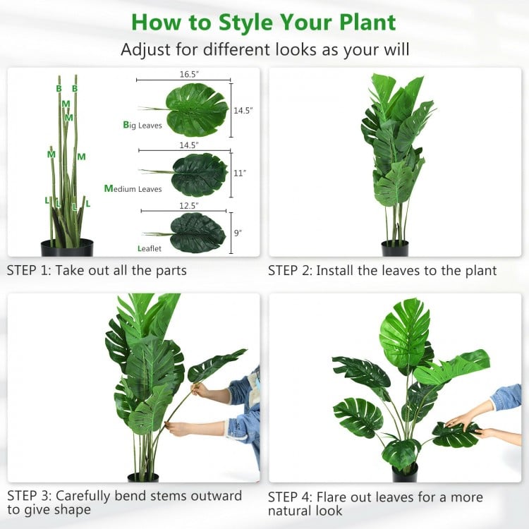 Adjustable 2 Pack Artificial Monstera Deliciosa Trees with 10 PEVA leaves for vibrant indoor or outdoor decoration.