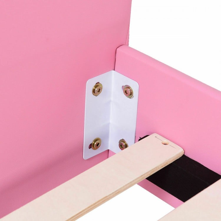 Close-up of the wood support slats for the Twin Size Upholstered Platform Toddler Bed, featuring sturdy plywood.