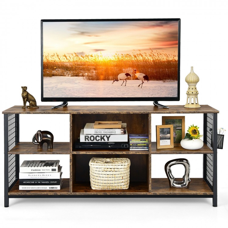 Mid-century wooden TV stand in rustic brown showcasing a spacious tabletop and open shelving for organized storage.