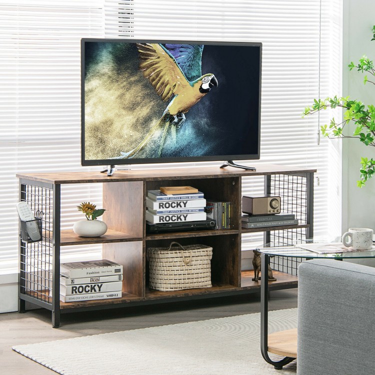 Mid-century wooden TV stand in rustic brown with storage basket, suitable for TVs up to 65 inches, featuring 3-tier.