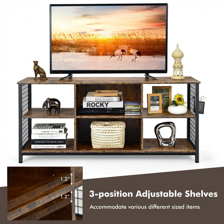 Mid-century wooden TV stand in rustic brown with 3-position adjustable shelves and storage basket for TVs up to 65.