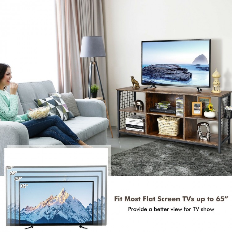 Mid-century wooden TV stand in rustic brown, suitable for TVs up to 65", featuring 3-tier shelves and storage basket.