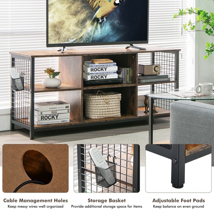 Mid-century wooden TV stand in rustic brown with storage basket, cable management holes, and adjustable foot pads for.