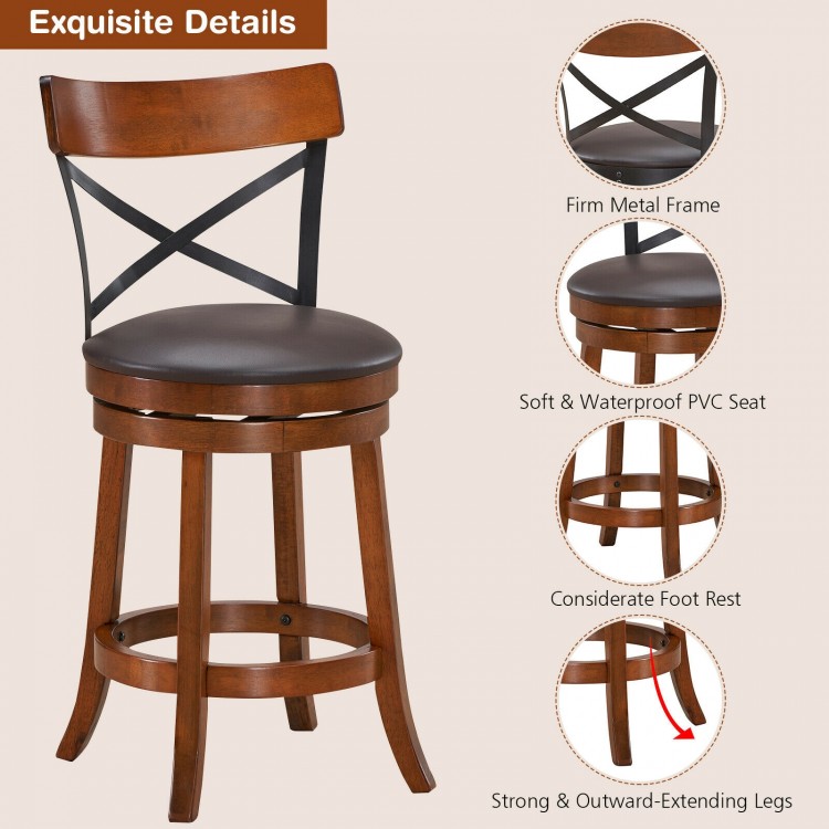 Bar stool with rubber wood legs, 360-degree swivel seat, and curved backrest for comfort in kitchens or bars.