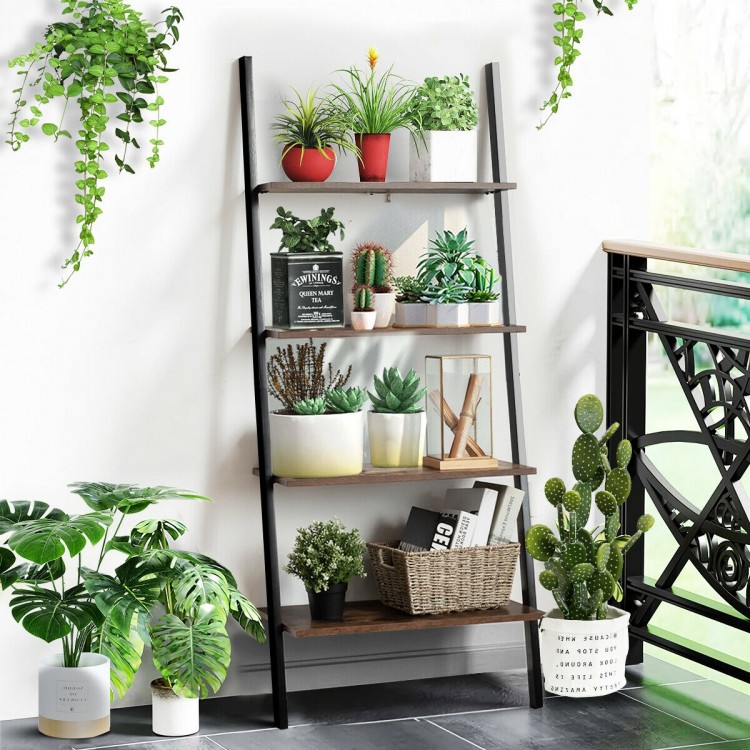 4-tier industrial leaning wall bookcase in brown with metal frame, ideal for organizing plants and books in a rustic.