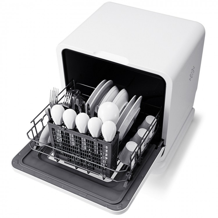 Portable countertop dishwasher with openable water tank, 7.5L capacity, and 5 washing programs for efficient cleaning.