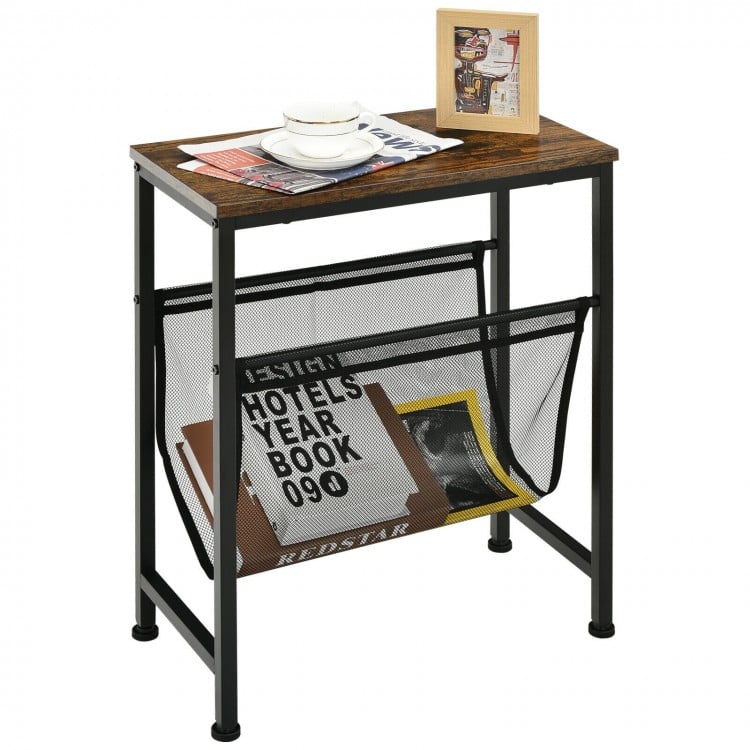 Narrow end table with a mesh magazine holder sling and anti-slip foot pads, perfect for compact living spaces.
