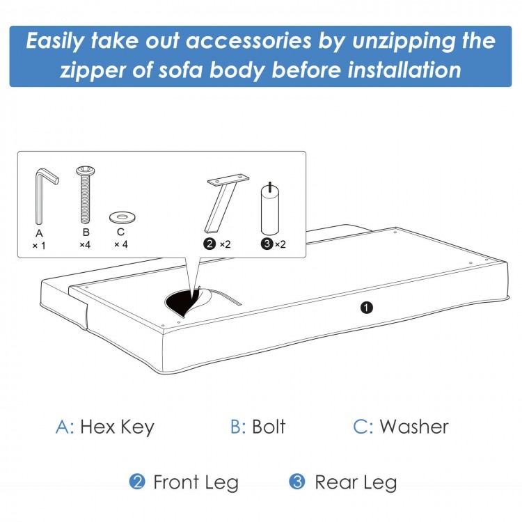 Hex key, bolt, and washer accessories for the 3-seat convertible sofa bed installation with zipper feature.