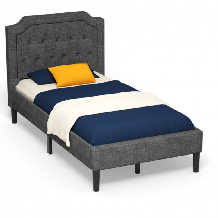 Linen twin upholstered platform bed with button-tufted headboard, gray fabric, and under-bed storage for a tidy room.