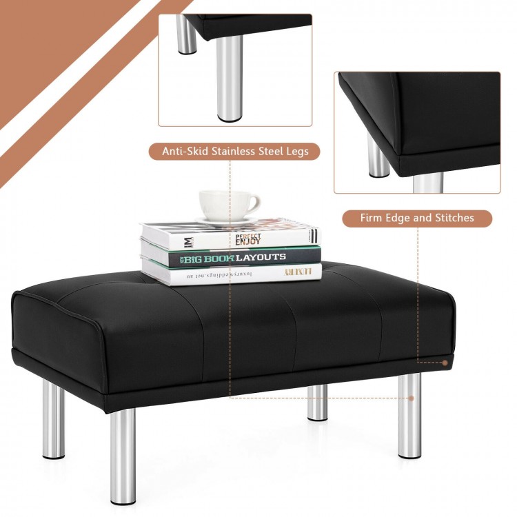 Rectangle tufted ottoman in black with stainless steel legs, ideal as a footrest or side table for living room use.