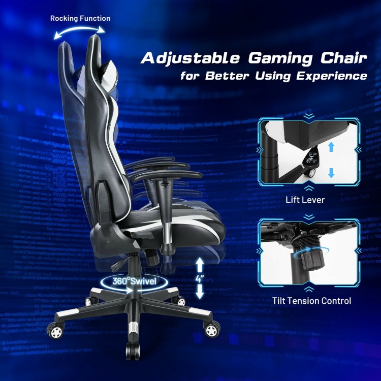 Adjustable gaming chair in white with ergonomic design, 360° swivel, and tilt function for optimal comfort and support.
