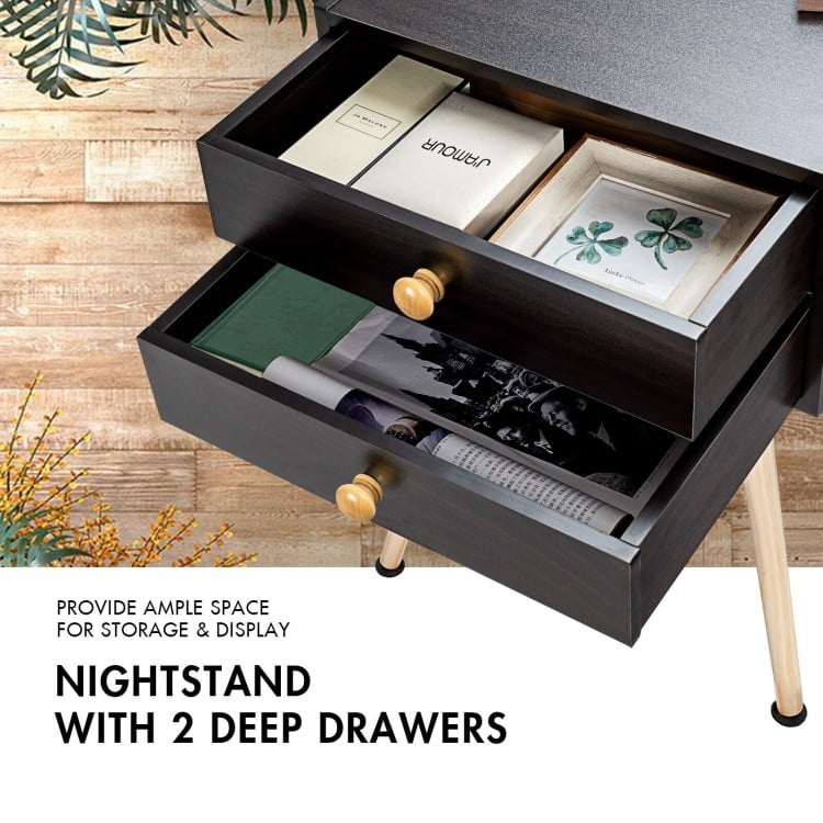Mid Century Modern nightstand with two deep drawers in natural-brown, perfect for bedroom storage and display.