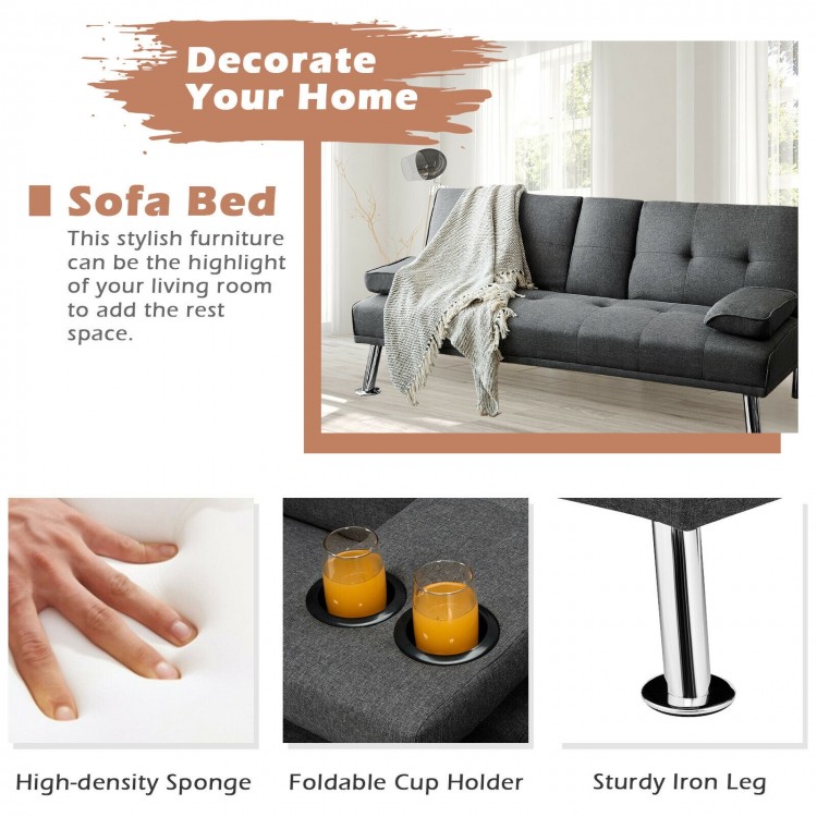 Convertible dark gray futon sofa bed with removable armrests and foldable cup holders, perfect for apartments and dorms.