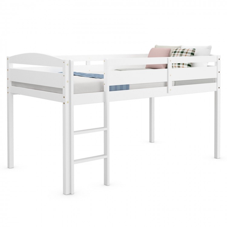 Wooden twin low loft bunk bed in white with guard rail and ladder, ideal for maximizing space in bedrooms or dorms.