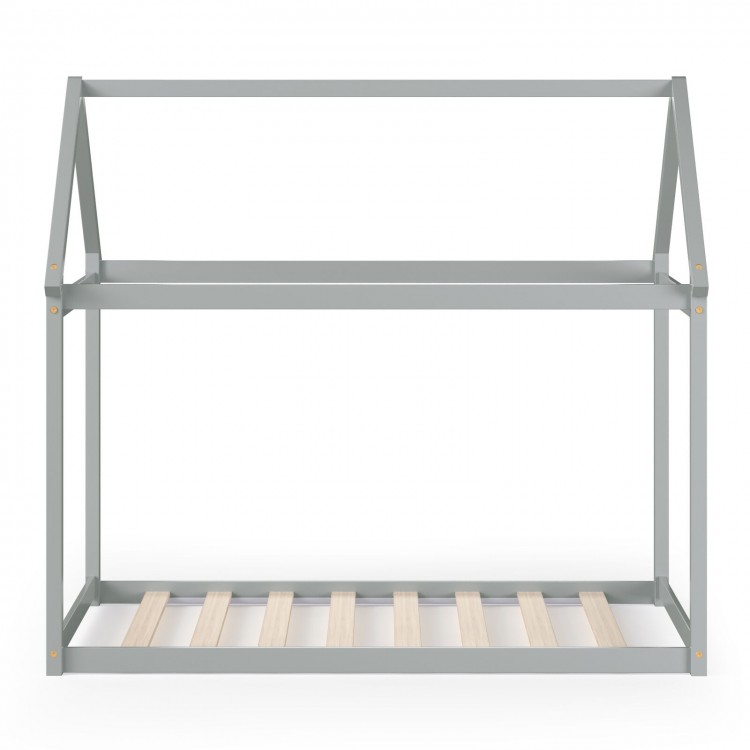 Gray Stable Kids Platform Floor Bed with roof and heavy-duty slats, designed for stability and long-lasting use.