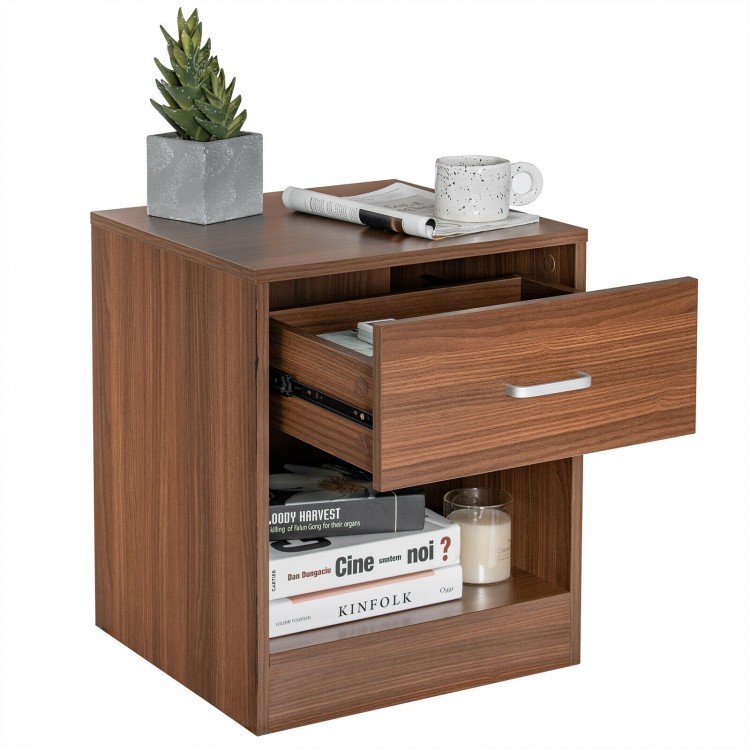 Modern brown nightstand with a storage drawer and open compartment, ideal for bedside or living room use.