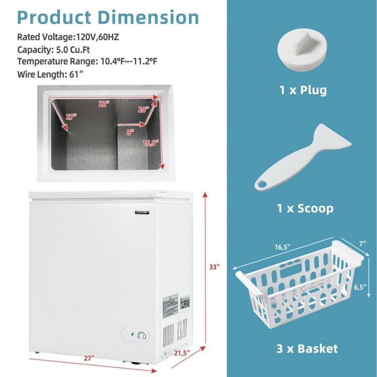 Chest freezer with 5.2 cu.ft capacity, three baskets, and adjustable temperature, ideal for compact spaces.