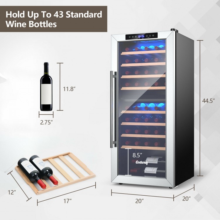 Dual zone wine cooler refrigerator with 8 wooden shelves, stainless steel door, and adjustable temperature for wine.