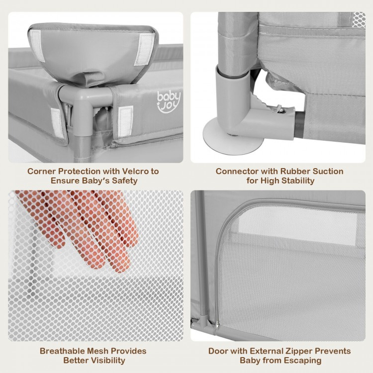 Extra-large gray safety baby fence with breathable mesh, external zippers, and 50 ocean balls for secure playtime.