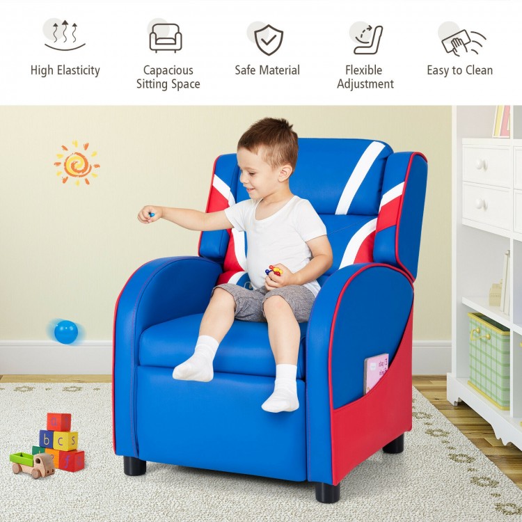 Kids leather recliner chair in blue with adjustable backrest, side pockets, and ergonomic design for comfort and.