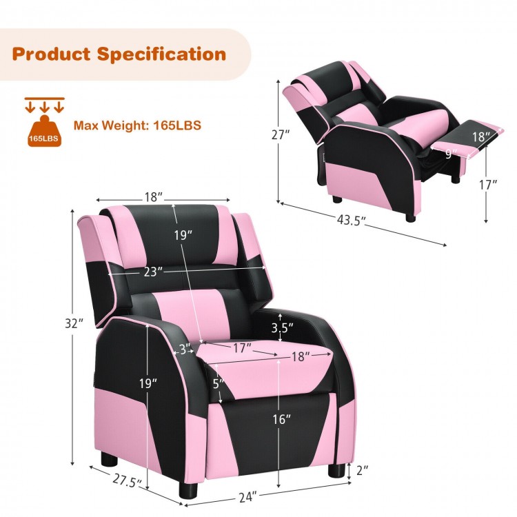 Kids youth PU leather gaming sofa recliner in pink with dimensions shown, designed for comfort during gaming and.