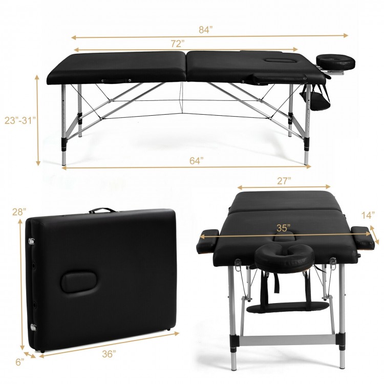 Adjustable 84-inch portable massage bed in black with headrest and armrests, ideal for spa and facial treatments.