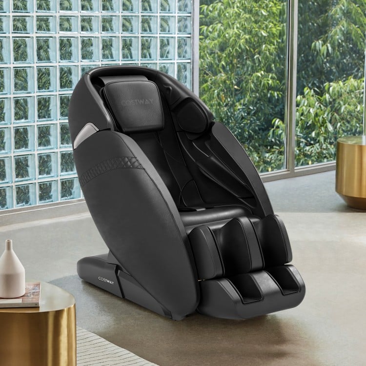 Electric zero gravity massage chair in black, showcasing the adjustable calf part and its sleek ergonomic design for.