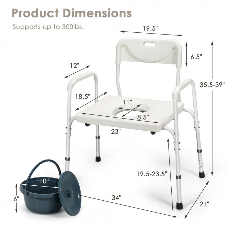 Adjustable 3-in-1 bedside commode chair with removable backrest, supporting up to 300lbs for comfort and stability.