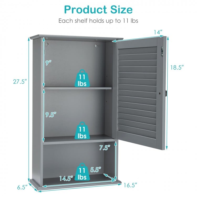 Gray bathroom wall mount storage cabinet with adjustable shelves, featuring a single door and modern design for.
