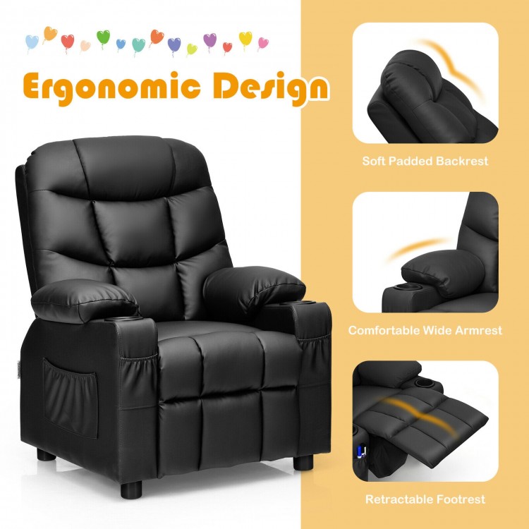 Kids recliner chair in black with ergonomic design, cup holders, and retractable footrest for comfortable seating.