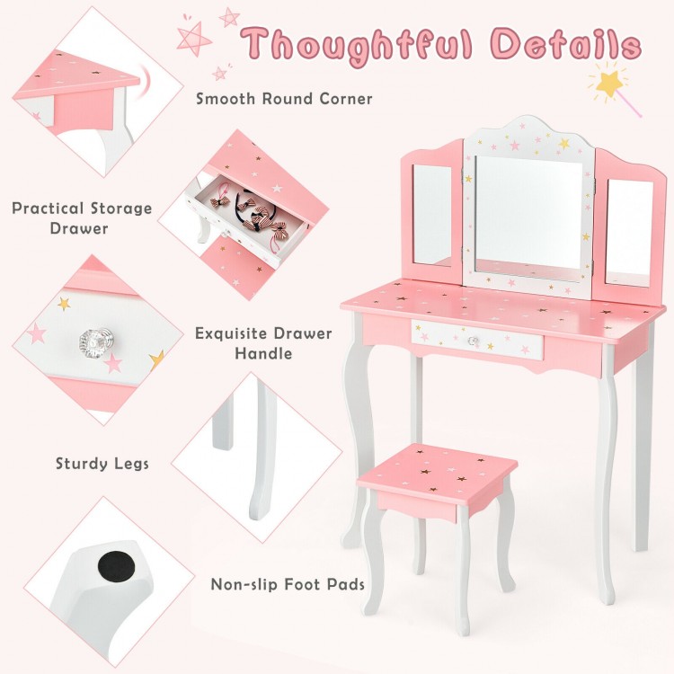 Kids pink vanity table with tri-folding mirror, storage drawer, and non-slip foot pads for safety and stability.