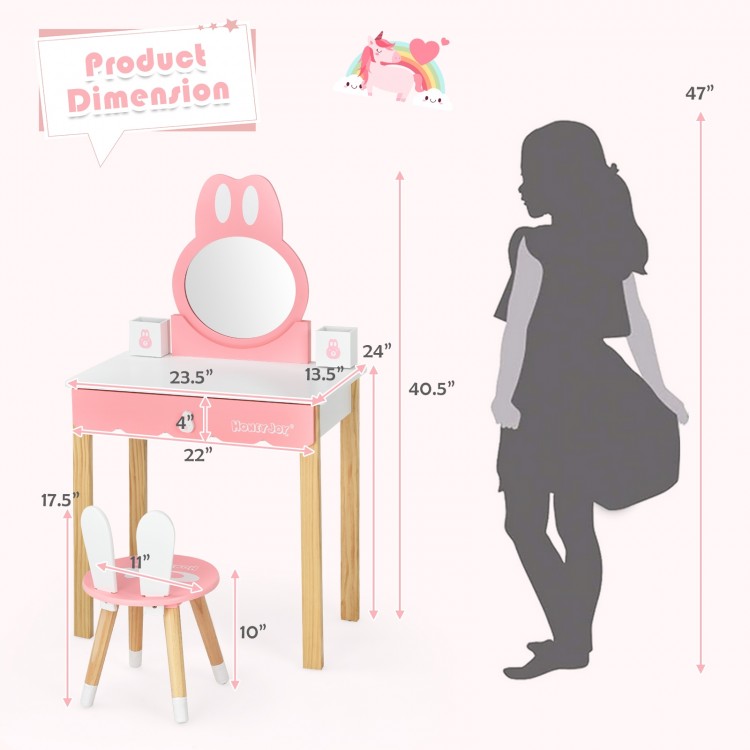 Kids vanity set featuring a rabbit design with a mirror and drawer, perfect for makeup and storage in a child's room.