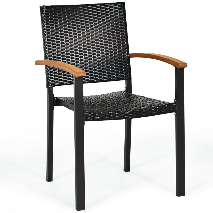 Black outdoor patio wicker dining chair with acacia wood armrests, featuring a powder-coated steel frame for durability.