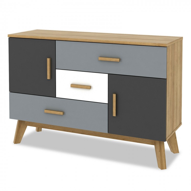 Free-standing storage cabinet in modern design with 2 doors and 3 drawers, made of durable engineered wood for.
