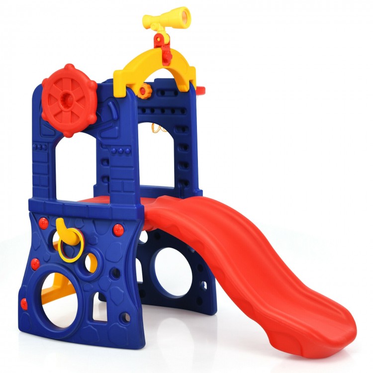 Freestanding kids slide with basketball hoop and ring toss, made of non-toxic HDPE, designed for indoor and outdoor fun.