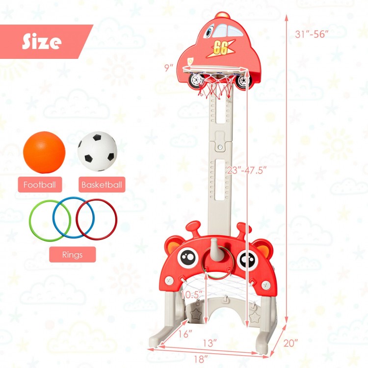 3-in-1 adjustable height basketball hoop playset in red, includes football, basketball, and rings for kids' fun and.