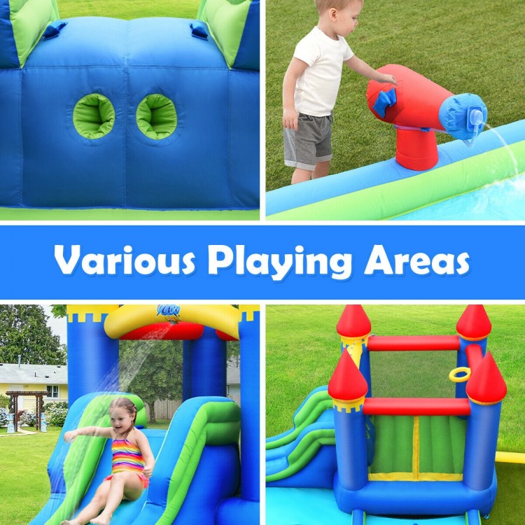 Kids inflatable bounce house water slide featuring a water cannon, slide, and colorful ball pit for endless fun.