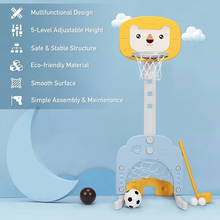 3-in-1 adjustable kids basketball hoop set in yellow with soccer and golf games, suitable for ages 2 to 7, for indoor.