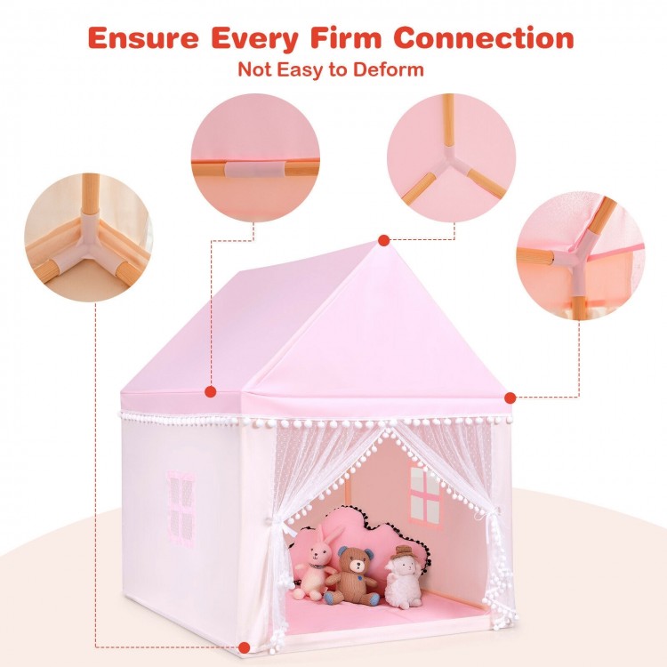 Kids play tent with solid wood frame and soft mat, featuring adorable design for indoor and outdoor fun.