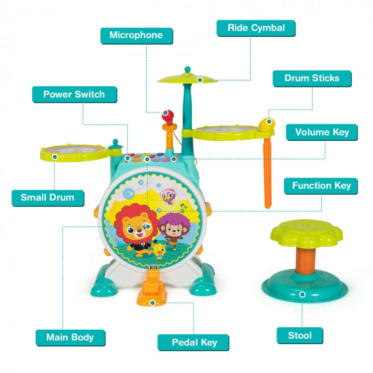 Electric kids drum set with microphone, stool, and cymbal, featuring 4 play modes and safe ABS material for creative.