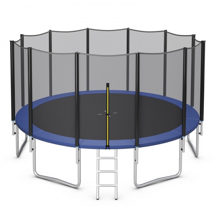 Round 8 ft outdoor trampoline with safety net, sturdy galvanized steel frame, and included ladder for safe jumping fun.