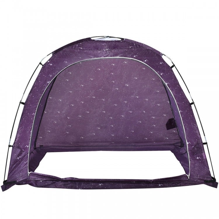 Interior view of the portable indoor privacy play tent in purple, showcasing its spacious design and sturdy structure.