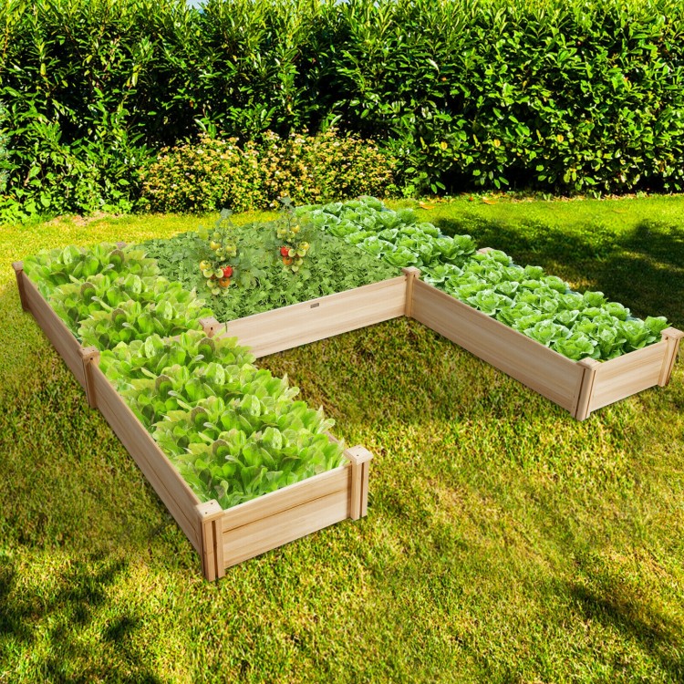 U-shaped wooden garden raised bed made of solid fir wood, showcasing a lush arrangement of vegetables in a vibrant.