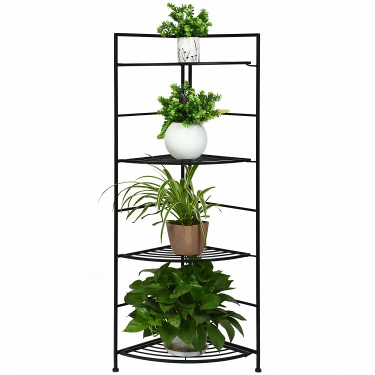 Four-tier folding metal plant stand with heavy-duty steel frame, perfect for corner display in gardens or patios.