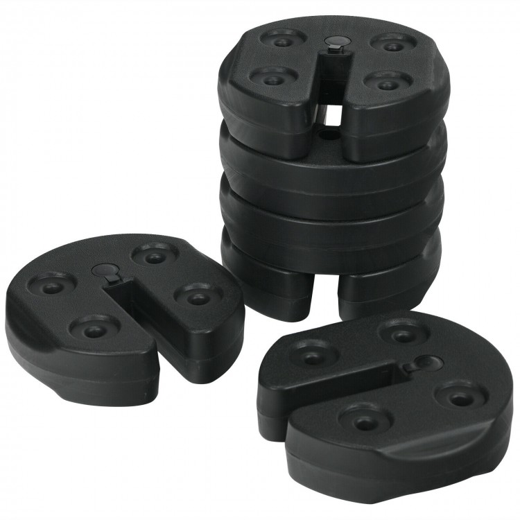 Set of 6 canopy weights, 30lbs each, made of weather-resistant PE, designed for secure stacking and easy transport.