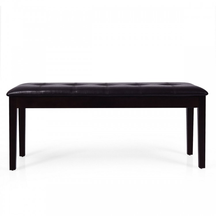 Brown upholstered dining room bench with solid rubberwood legs, cushioned seat, ideal for dining or resting.