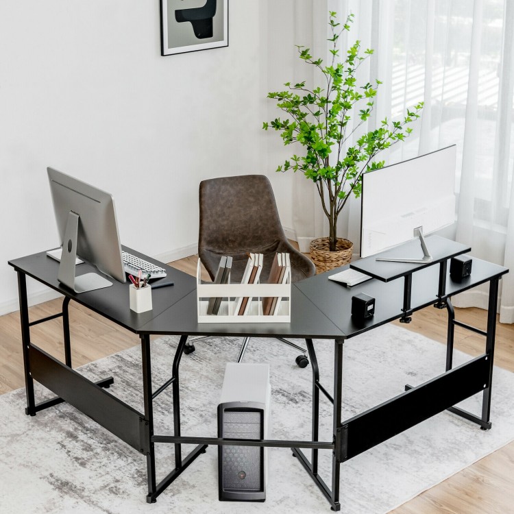 L-shaped black computer desk with monitor stand, spacious design for dual use, perfect for office or study setup.