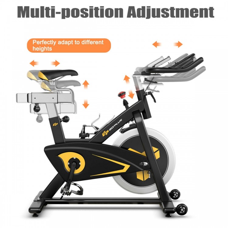 Magnetic exercise bike with adjustable seat and handlebar, featuring a sturdy frame and quiet belt drive for indoor.